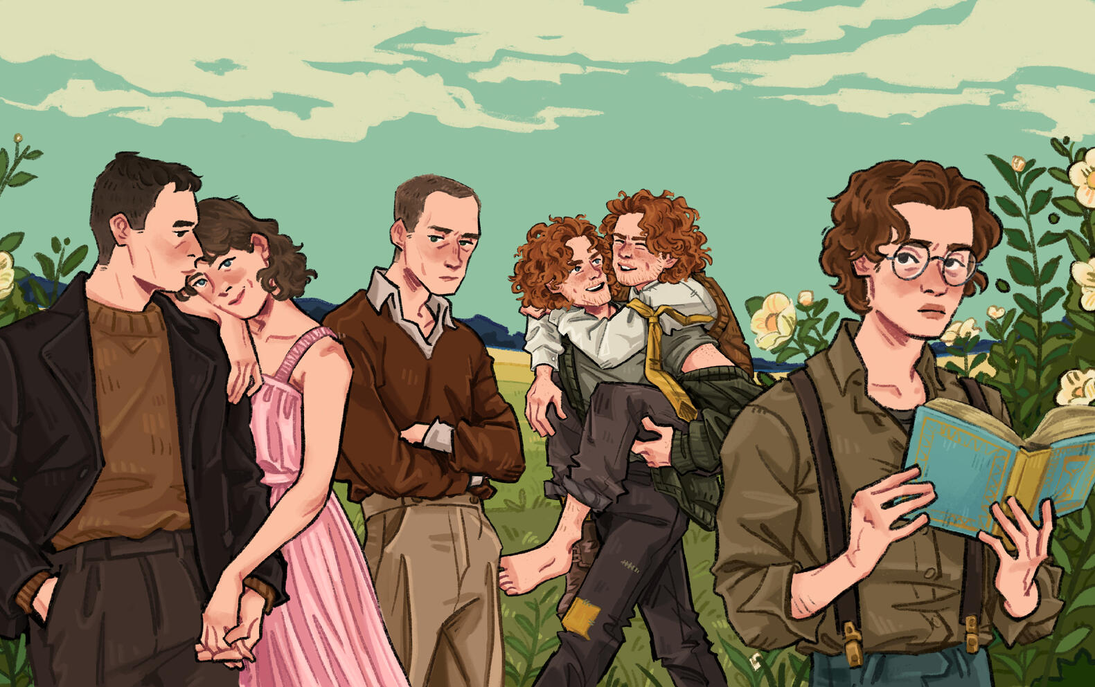 Character art of the mind magicians of Elsinore University from THOUGHTS BE BLOODY—Hamlett, Lia, Laertes, Ross & Gil, & Horatio